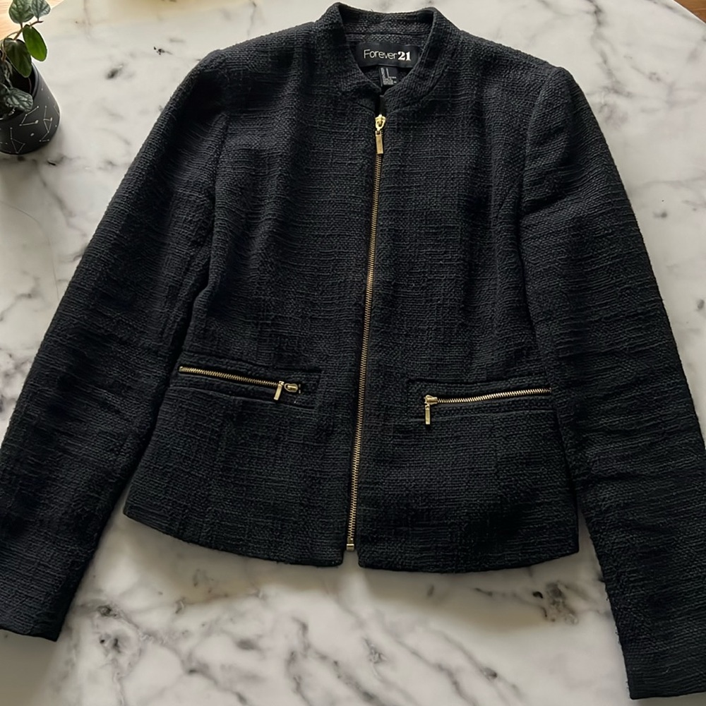 Black Tweed Lady Jacket with Gold Accent Zippers